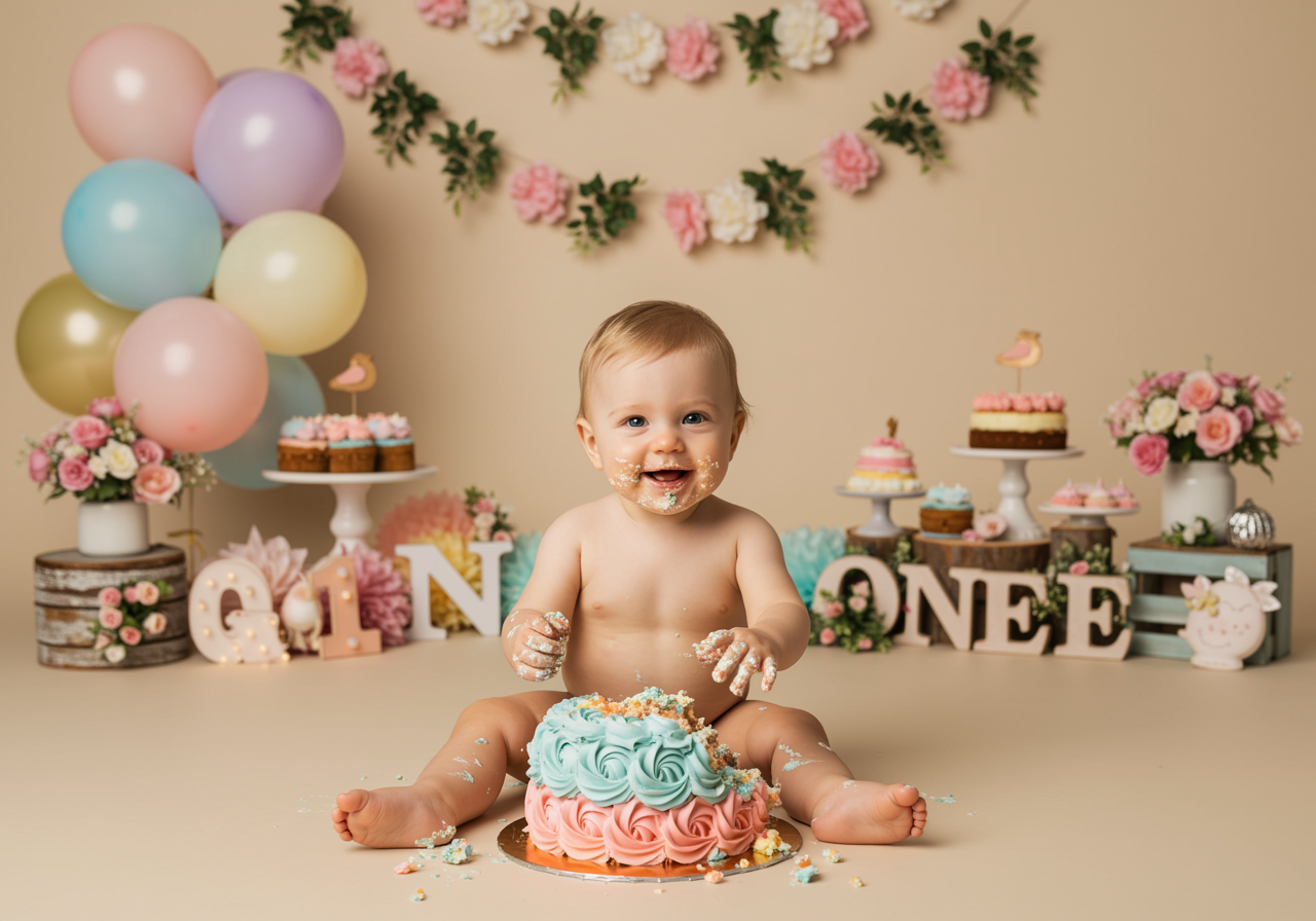 "Bebé blanco de un año disfrutando de un colorido pastel en un estudio fotográfico con decoraciones pasteles y luz natural suave."