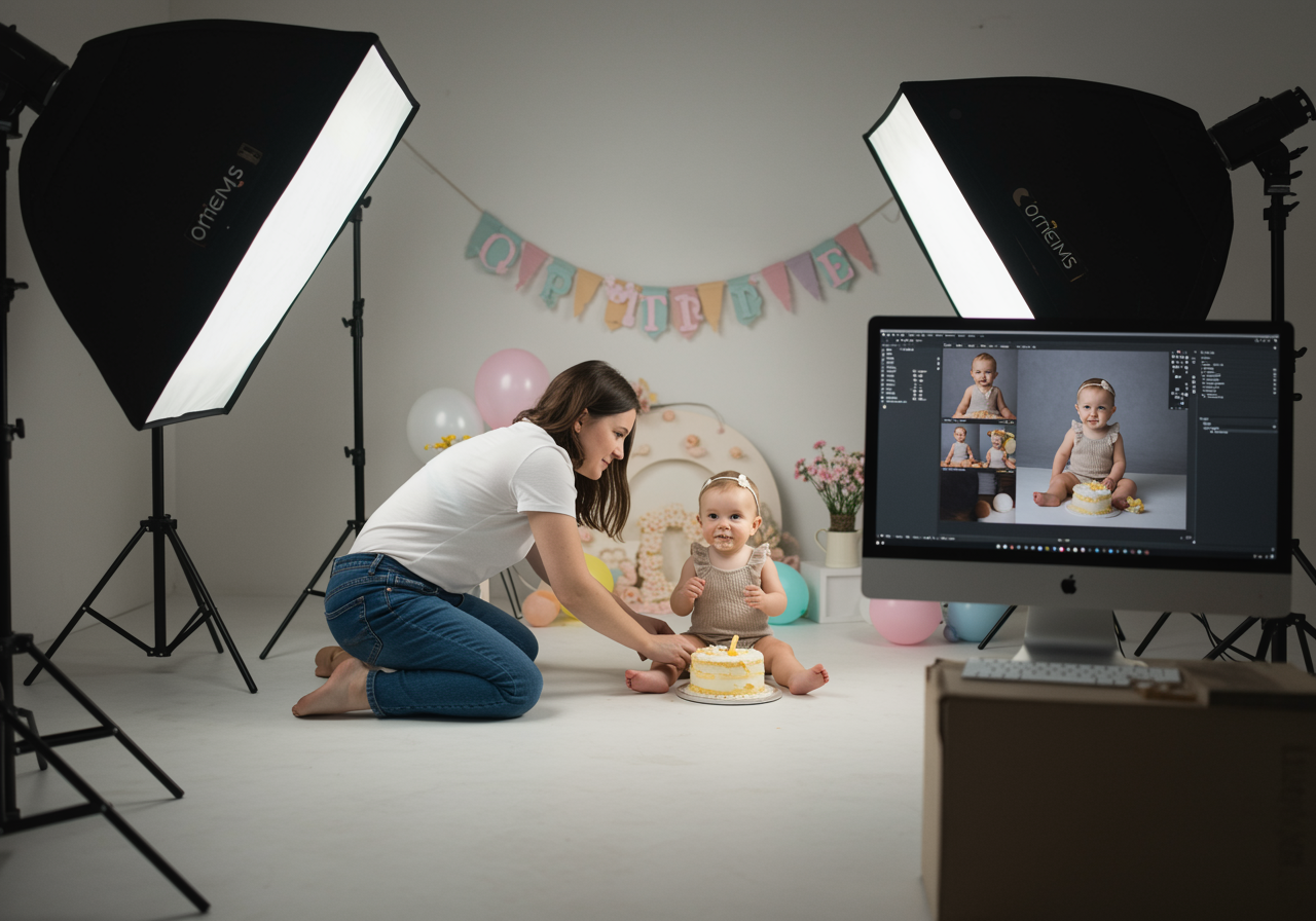 "Sesión fotográfica personalizada de smash cake en un estudio luminoso, destacando un ambiente seguro para bebés y un diseño de set en tonos pastel."