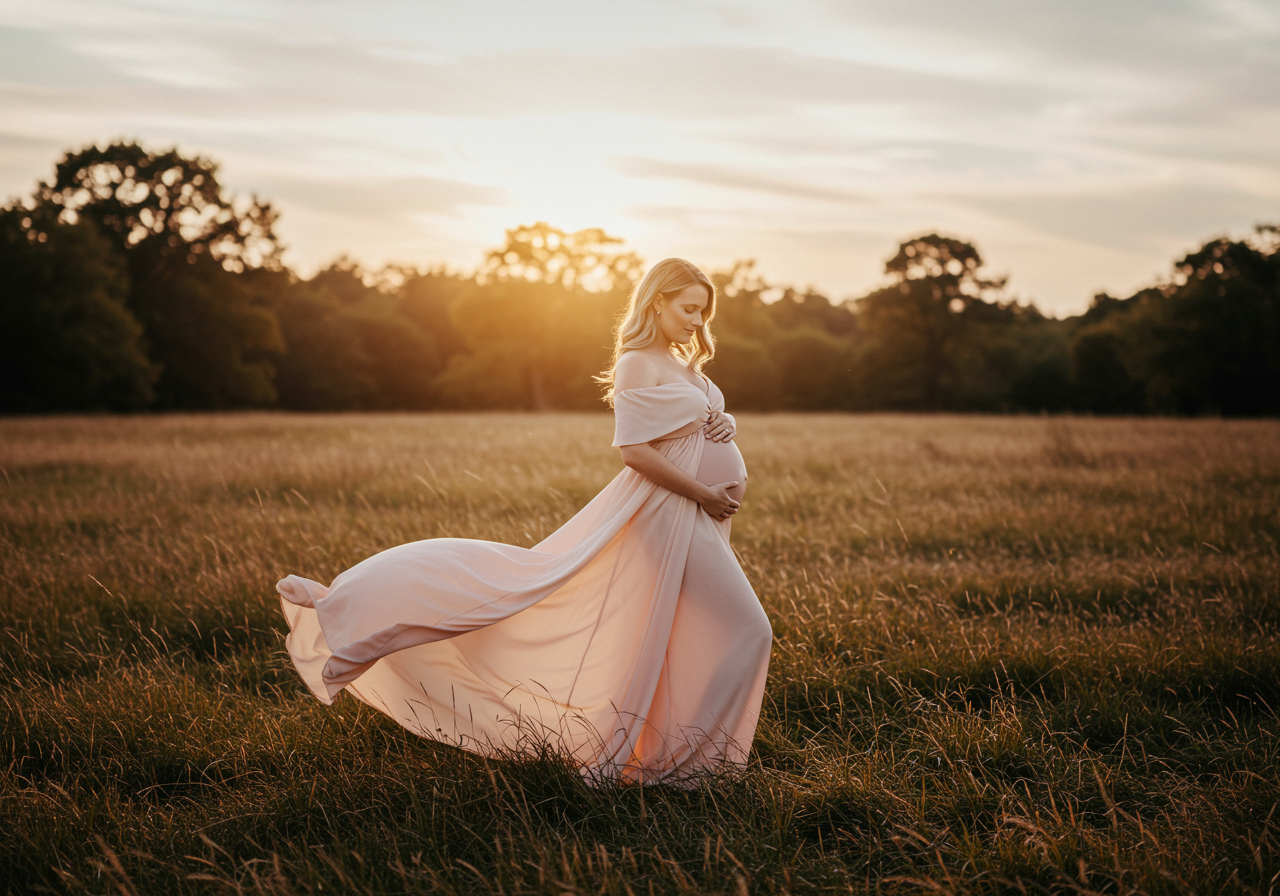 "Retrato de maternidad profesional en alta resolución de una mujer embarazada en un campo al atardecer, luciendo un vestido rosa pastel, con luz natural suave y un estilo artístico elegante."