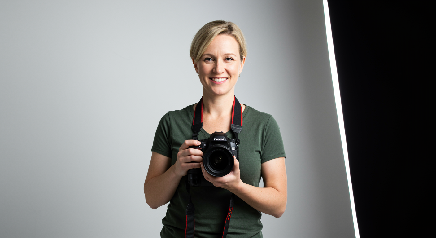 imagen5 "Retrato de una fotógrafa blanca sonriendo en un estudio luminoso, sosteniendo una cámara profesional, ideal para destacar su perfil creativo."